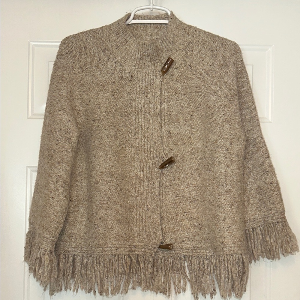 Ruby Rd Women's Boho Fringe Cardigan Sweater L Tan/Brown Speckled Vintage Loose